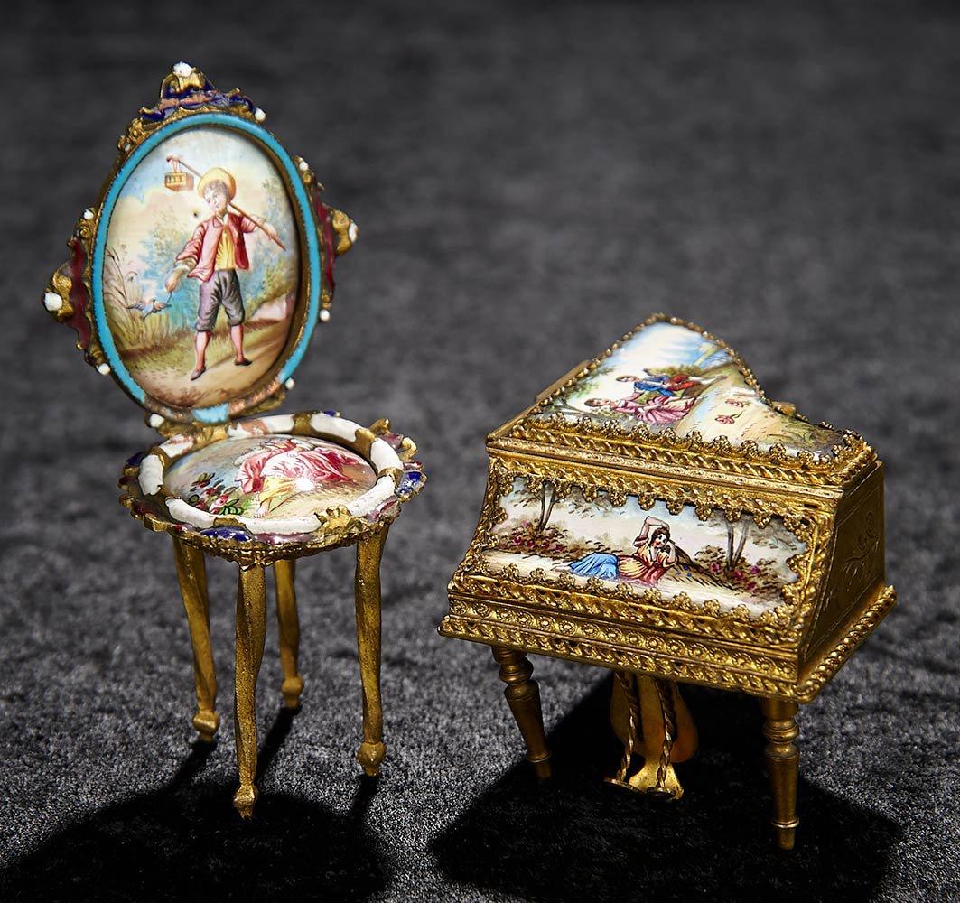 Austrian Miniature Enameled Piano and Chair  300/500