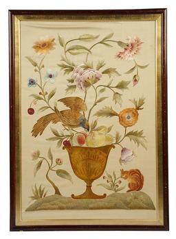 Fine 18th Century English Crewel Needlework of Bird and Flowers as an Urn 700/900