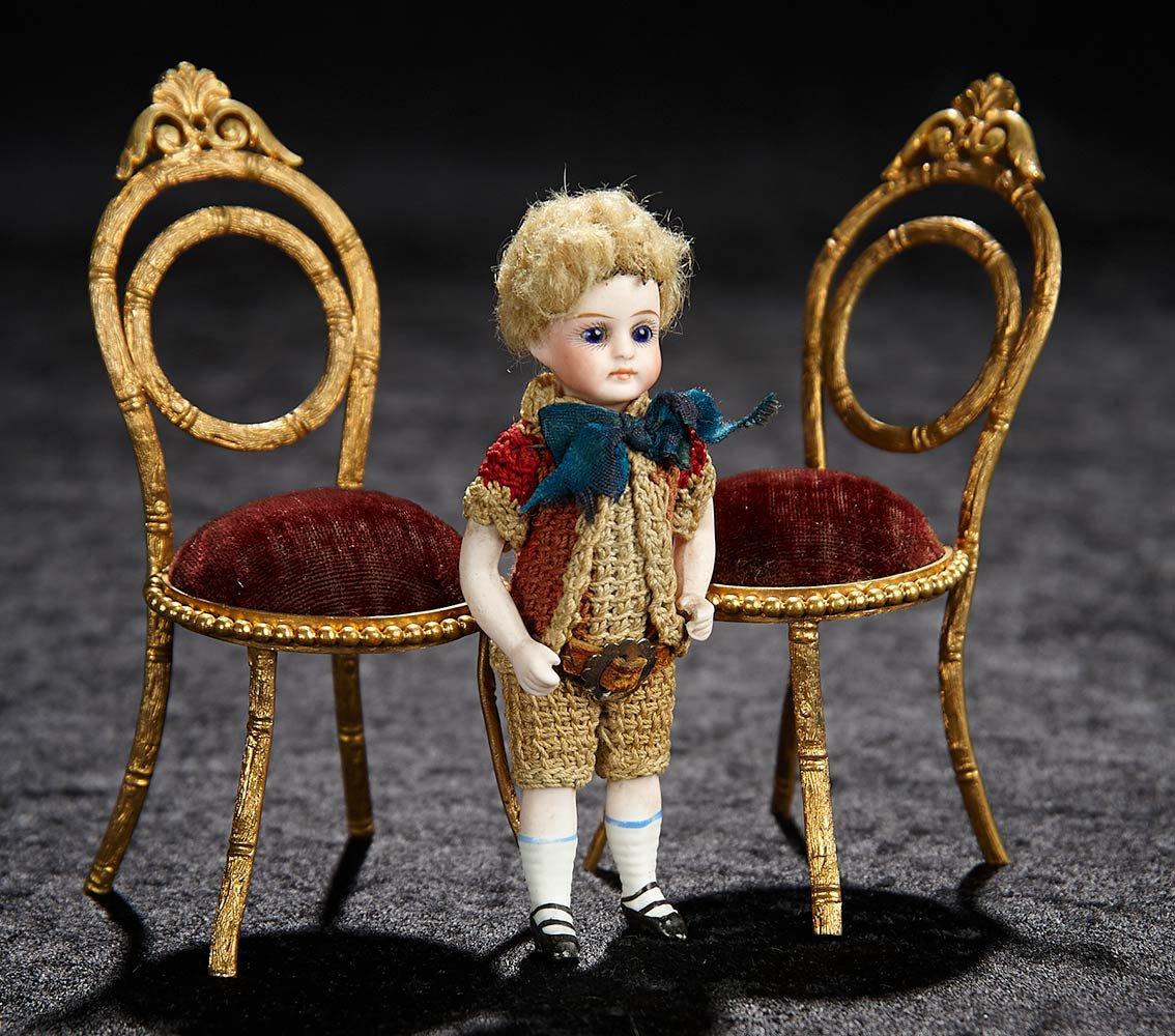 Pair of Gilt Miniature Chairs with Pincushion Seats, and All-Bisque Boy 500/800
