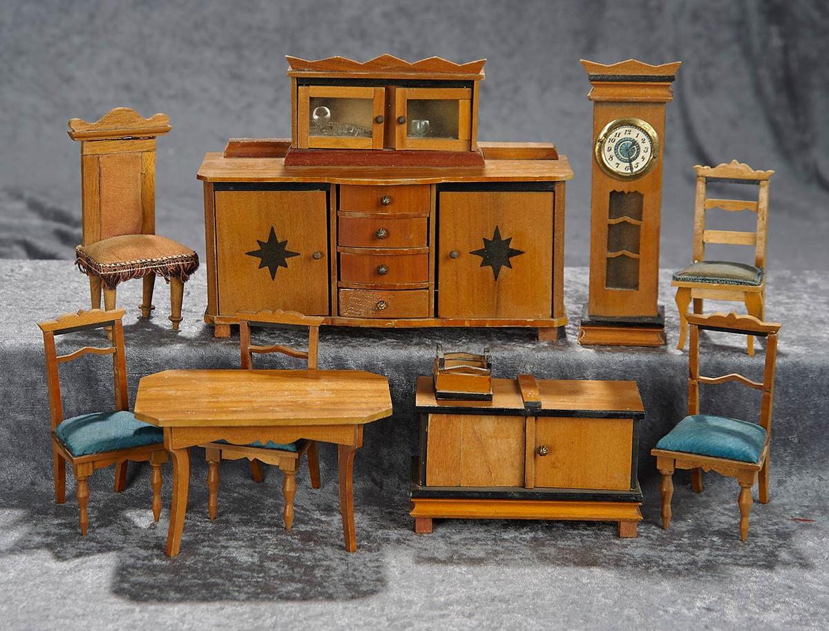 6 1/2"h. clock. Wonderful set of Art Deco dining room  furnishings with inlay accents. $400/600