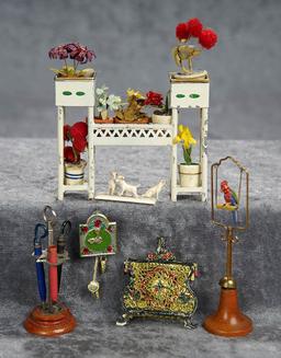 4 1/2" bird perch. Lot of various antique dollhouse accessories. $500/700