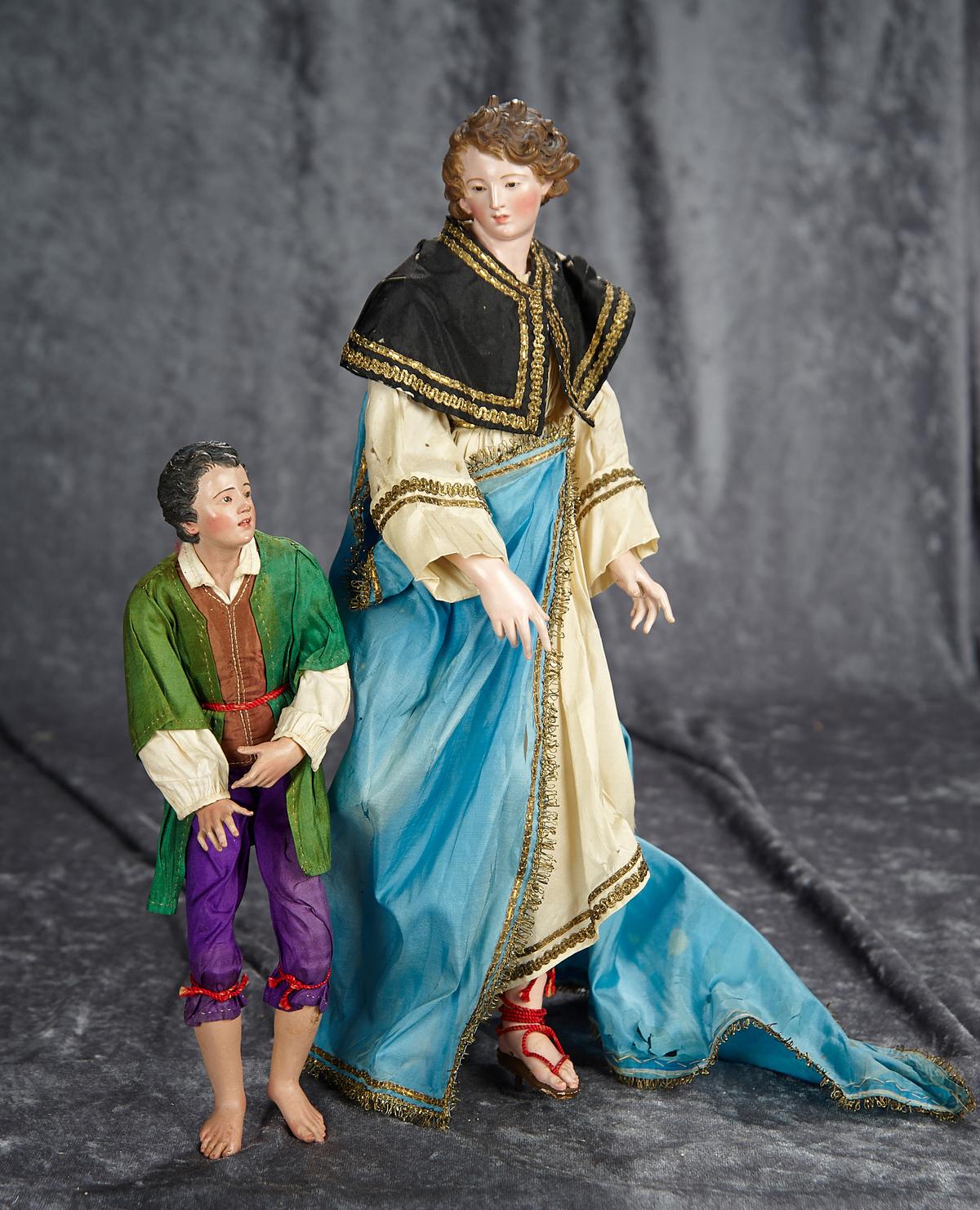 10" & 15" Neopolitan earthenware figures with fine original finish and costumes. $600/800