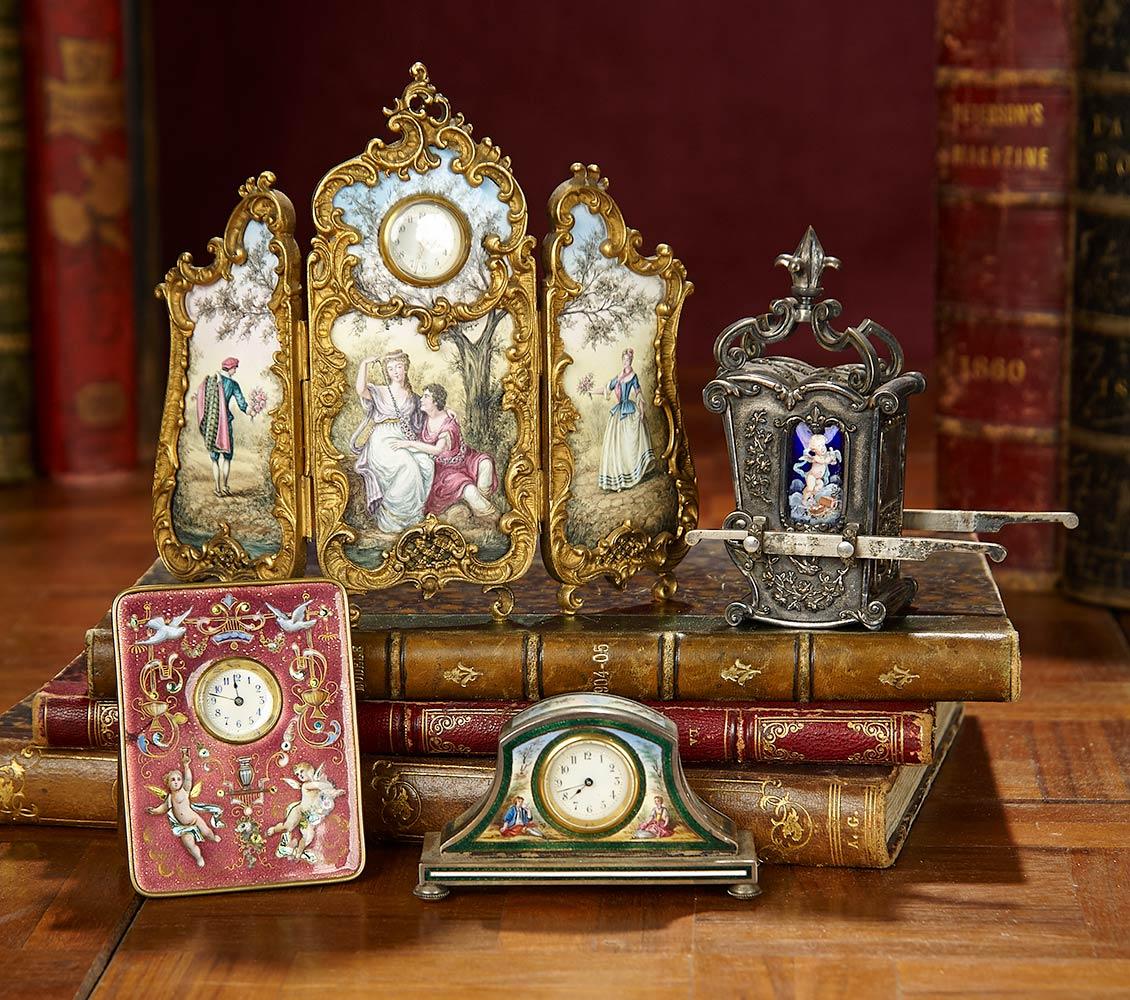 Viennese Bronze and Enamel Miniature Folding Screen with Clock Face 700/1100