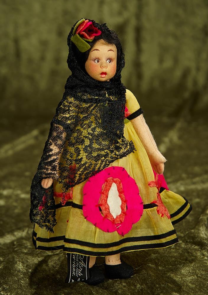 8" Italian felt miniature doll by Lenci in vibrant original costume. $400/500