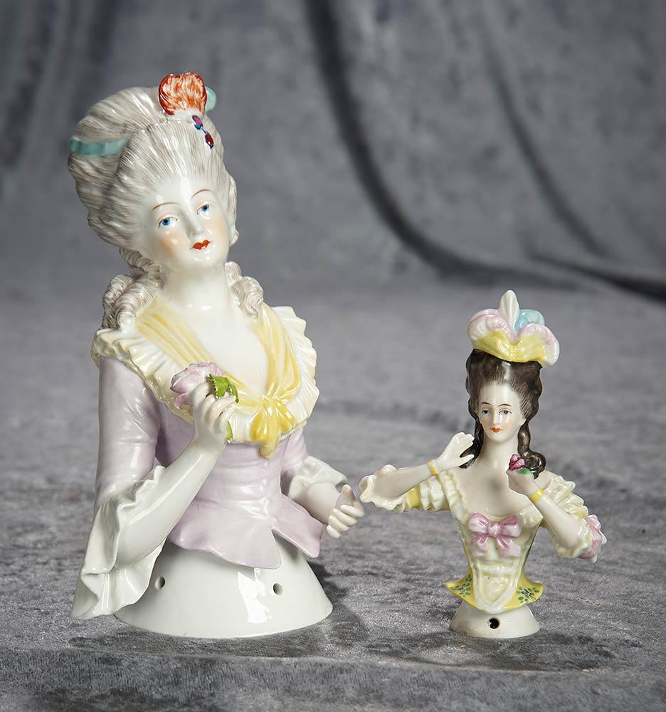 Extremely Rare 8" size German porcelain half doll with a smaller friend. $400/600