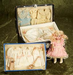 Wonderful and all-original 7" presentation doll for French market, fabulous trousseau. $1200/1600