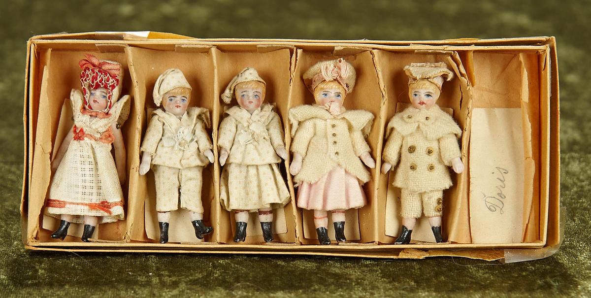 2 1/2" Set of German All-Bisque Dolls in Original Costumes and Box, Unusual Name Cards. $500/700