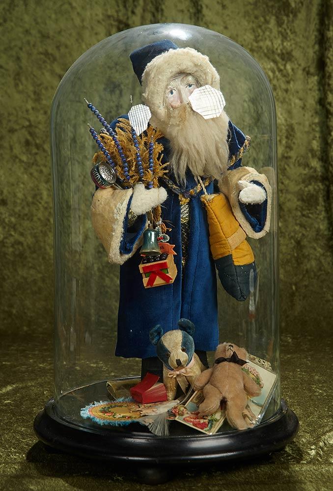 25" Paper mache St. Nicholas, rare costume with toys and accessories, under glass dome. $600/900