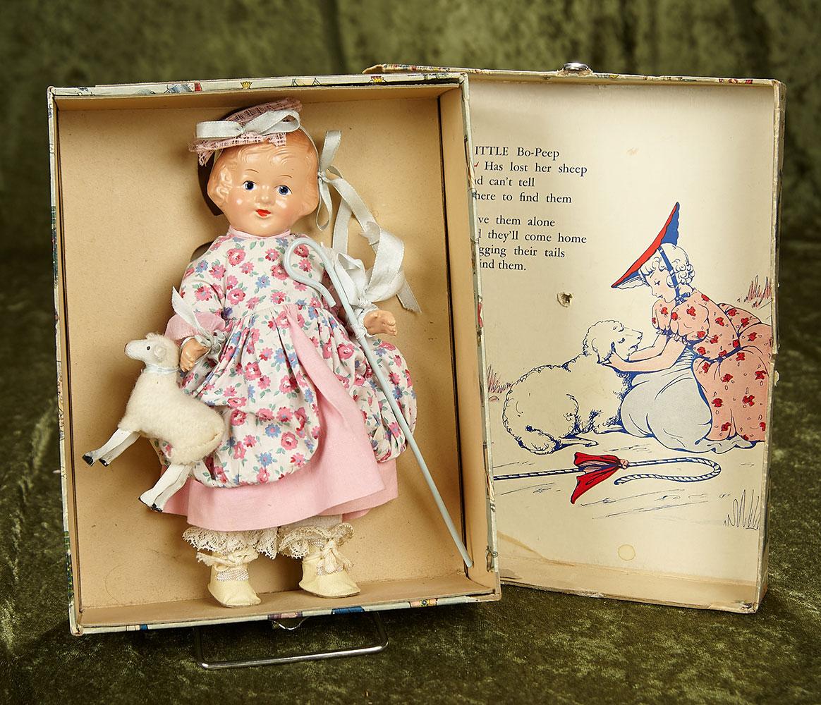 8 1/2" American composition "Little Bo Peep" with original costume and custom box. $300/400