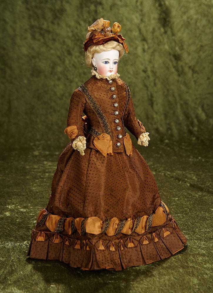 14" French bisque poupee by Gaultier in lovely walking suit and bonnet. $1200/1500