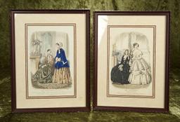 14" x 11" Pair of early 1800s fashion engravings in frames. $300/400