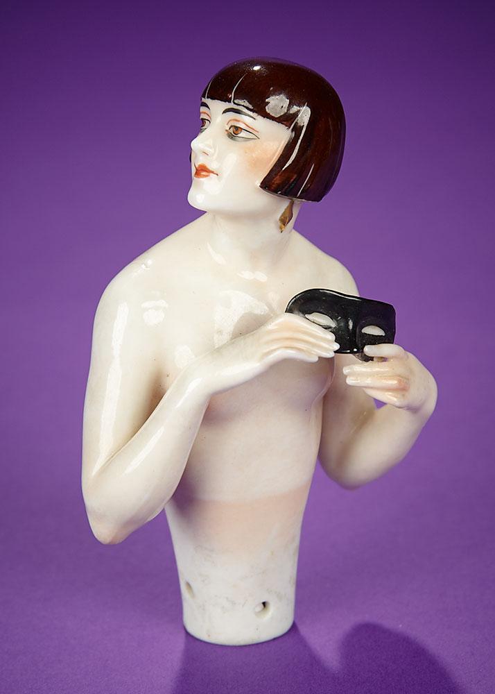 Rare German Porcelain Half-Doll "Flapper Lady with Lulu Bob and Mask" Dressel & Kister 1200/1600