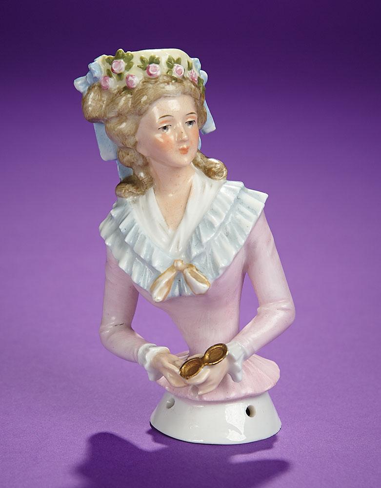 German Porcelain Half-Doll "Lady with Rare Garland Trimmed Bonnet" 300/400