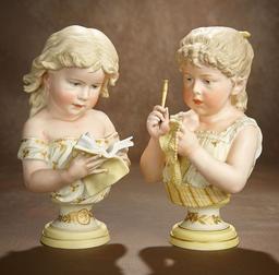 Pair, Large German All-Bisque Figures "The Sisters" with Character Faces 500/700