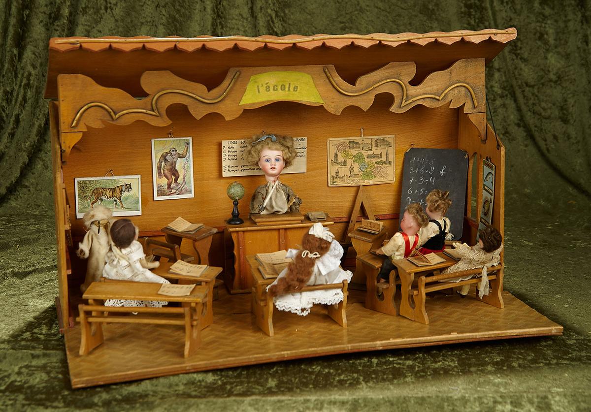 22" w. French musical wooden schoolroom with teacher, students, desks, accessories. $1200/1500