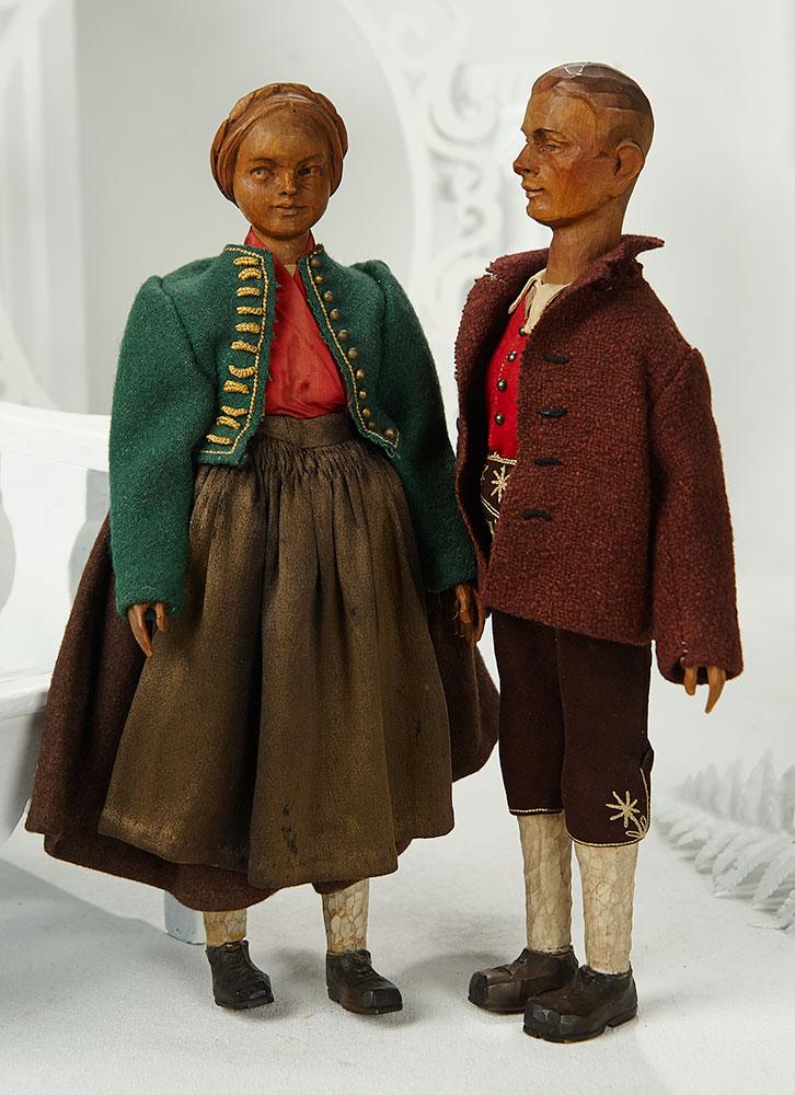 Pair, German Carved Wooden Dolls in Original Costumes 600/900