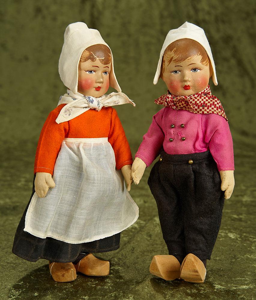 9" Pair, German Cloth Character Children Attributed to Bing with original costumes. $600/900