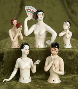 3"-4" Five German Porcelain Flapper Half-Dolls. $800/1100