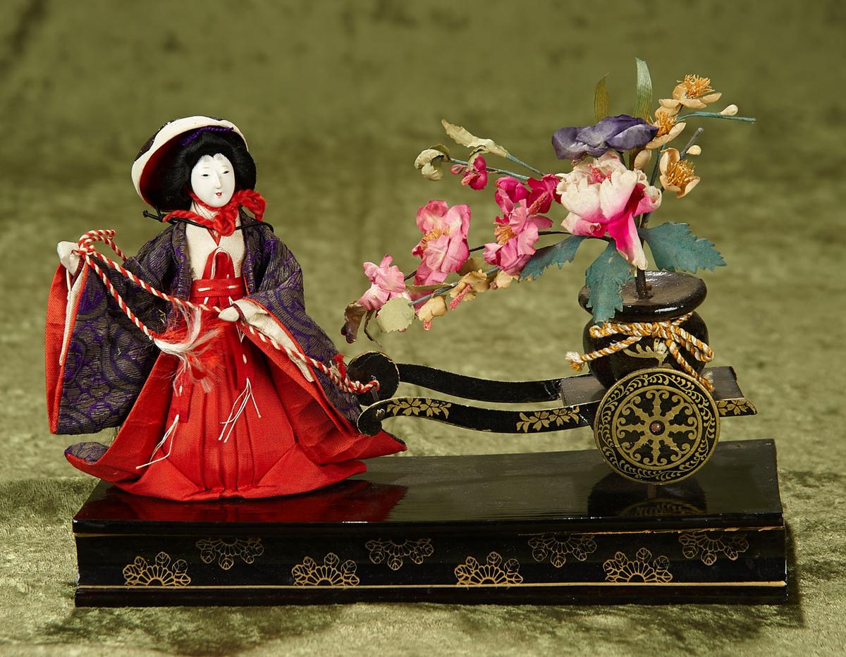 Japanese miniature vignette of lady with wheeled cart of silk flowers $200/300