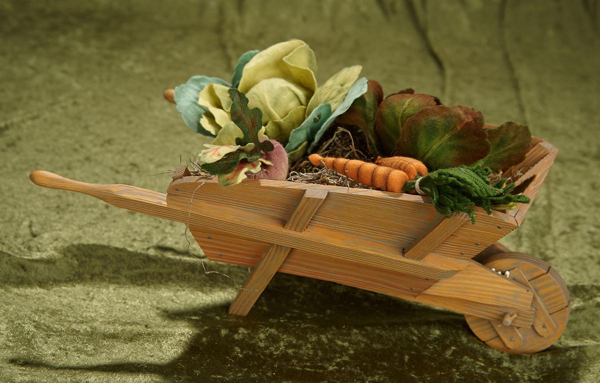 13" Wooden garden wheelbarrow, felt vegetables, R. John Wright, mint in box, #333/500. $500/700