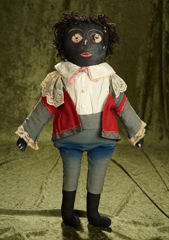 22" American black cloth folk doll with black fleecy yarn curly hair, original costume. $400/600