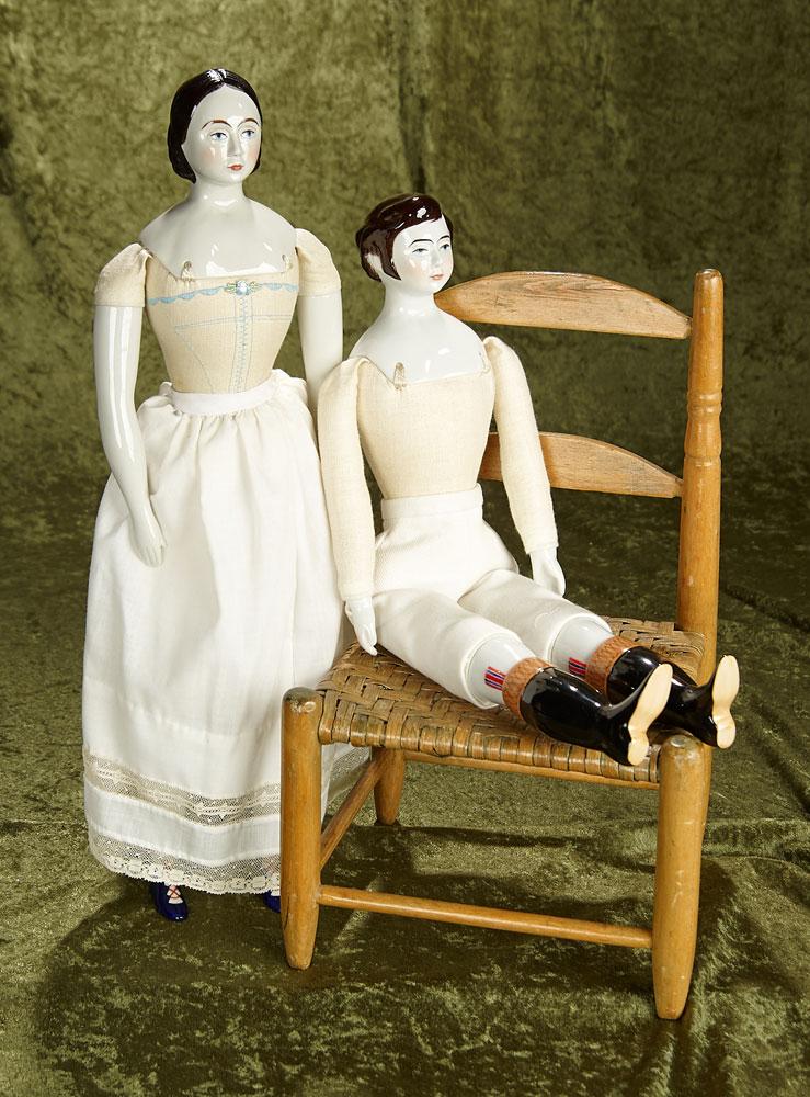 19" Pair of china head artist dolls by Ken Borger on nicely stuffed embroidered cloth bodies.