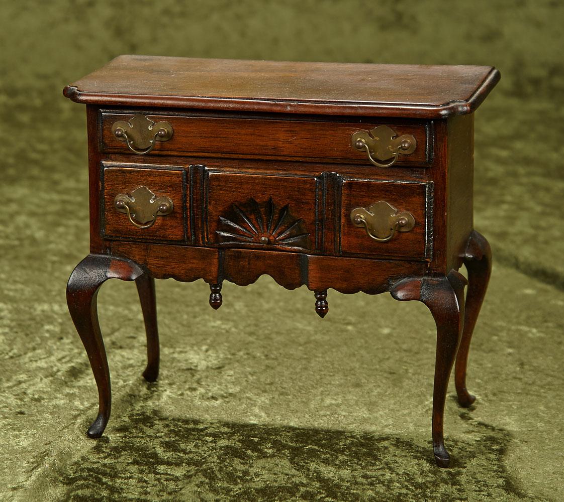 8" Queen Anne lowboy chest in mahogany with two dove-tailed drawers and brass hardware.