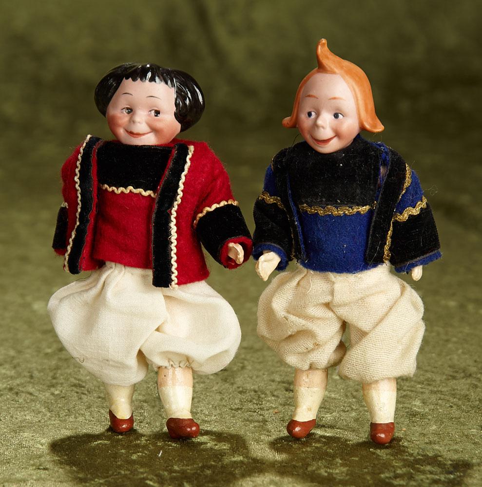 6" Pair of bisque Max & Moritz dolls, composition bodies with nice costumes, age uncertain.