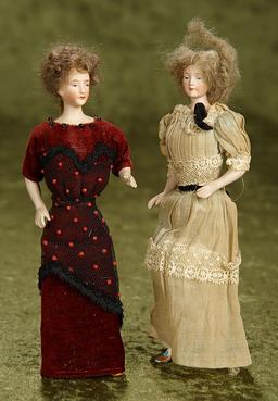 Two 7" German bisque dollhouse ladies with original wigs and costumes $400/500