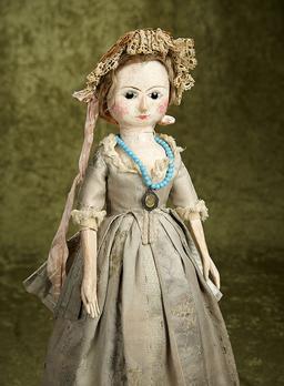 18" Early English wooden doll with enamel eyes, antique costume $5000/7000