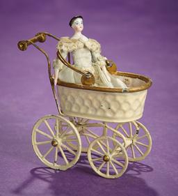 German Tin Doll Carriage by Maerklin with Early Porcelain Doll 400/500