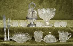 1"- 6" Lot. pressed glass doll dishes, cruet set and sterling knife and fork.