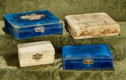 5.5"- 8.5"  Group of antique velvet covered presentation boxes for jewelry or doll trousseau boxes.