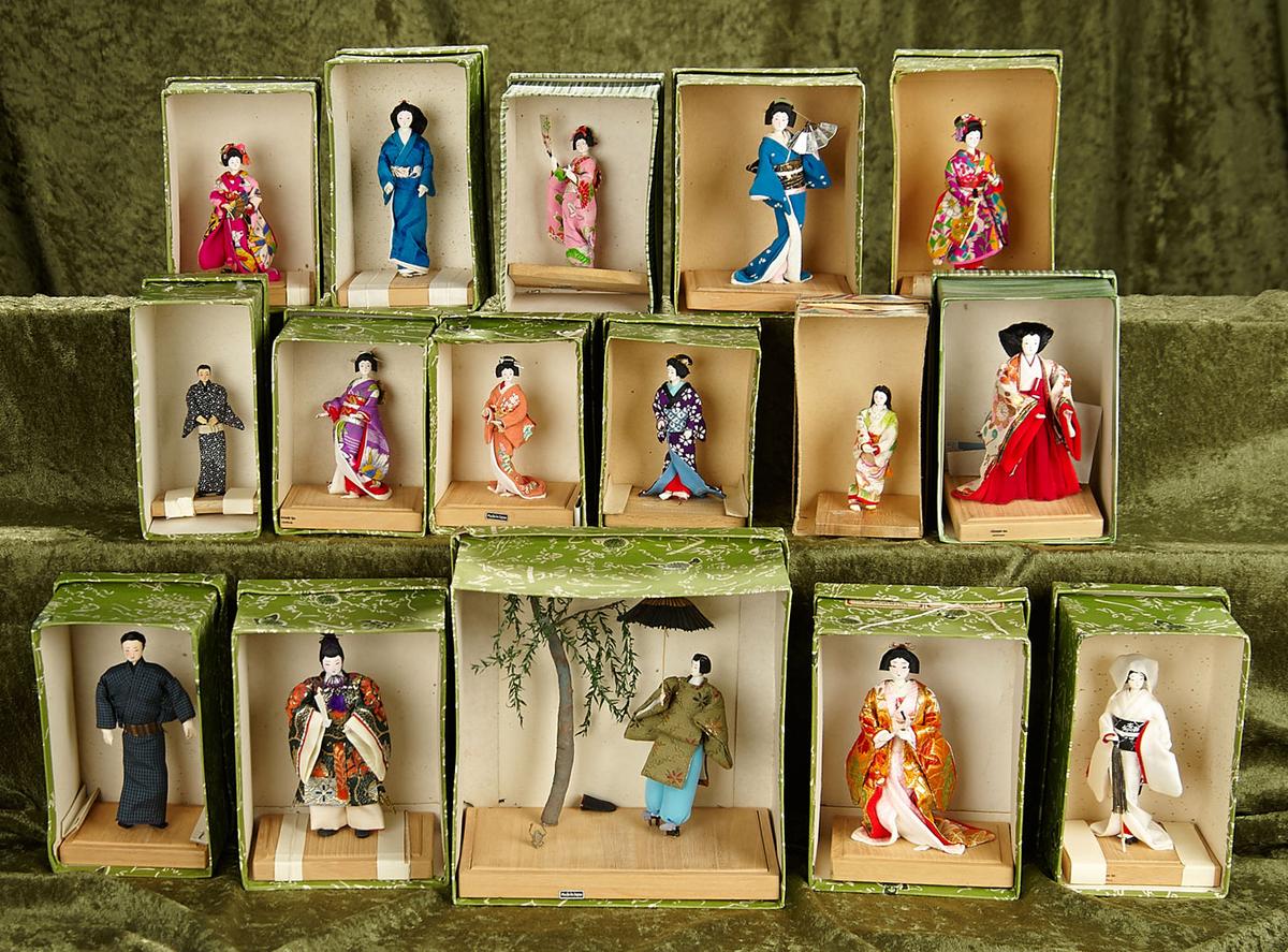 4-6"  Lot of 16 miniature Japanese Kyoto-Bijan in traditional costumes in standing positions.