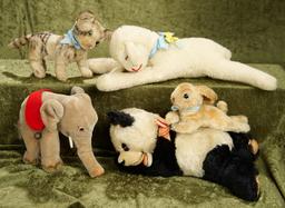 8"-15"  Group of vintage Steiff mohair animals, rabbit, cat, elephant, Floppy Lamb and Panda.