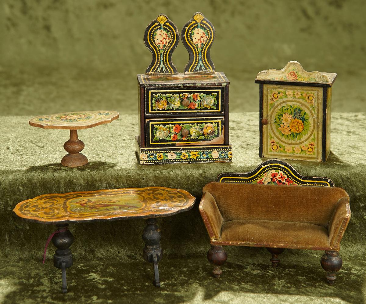 6"l. table. Five German wooden dollhouse furnishings with lithographed paper designs. $400/500