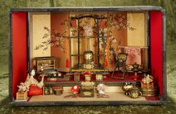 16"l. Japanese wooden doll room, paper mache doll and collection of lacquer furniture. $600/800