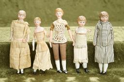 6" dolls. Five German bisque dollhouse doll ladies. $300/400