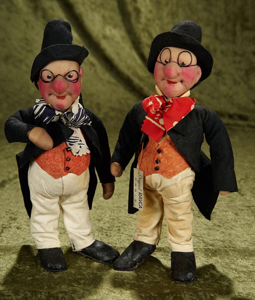 Pair, 12" French stockinette character dolls "Professeur Nurnberg" by Bernard Ravca $700/900