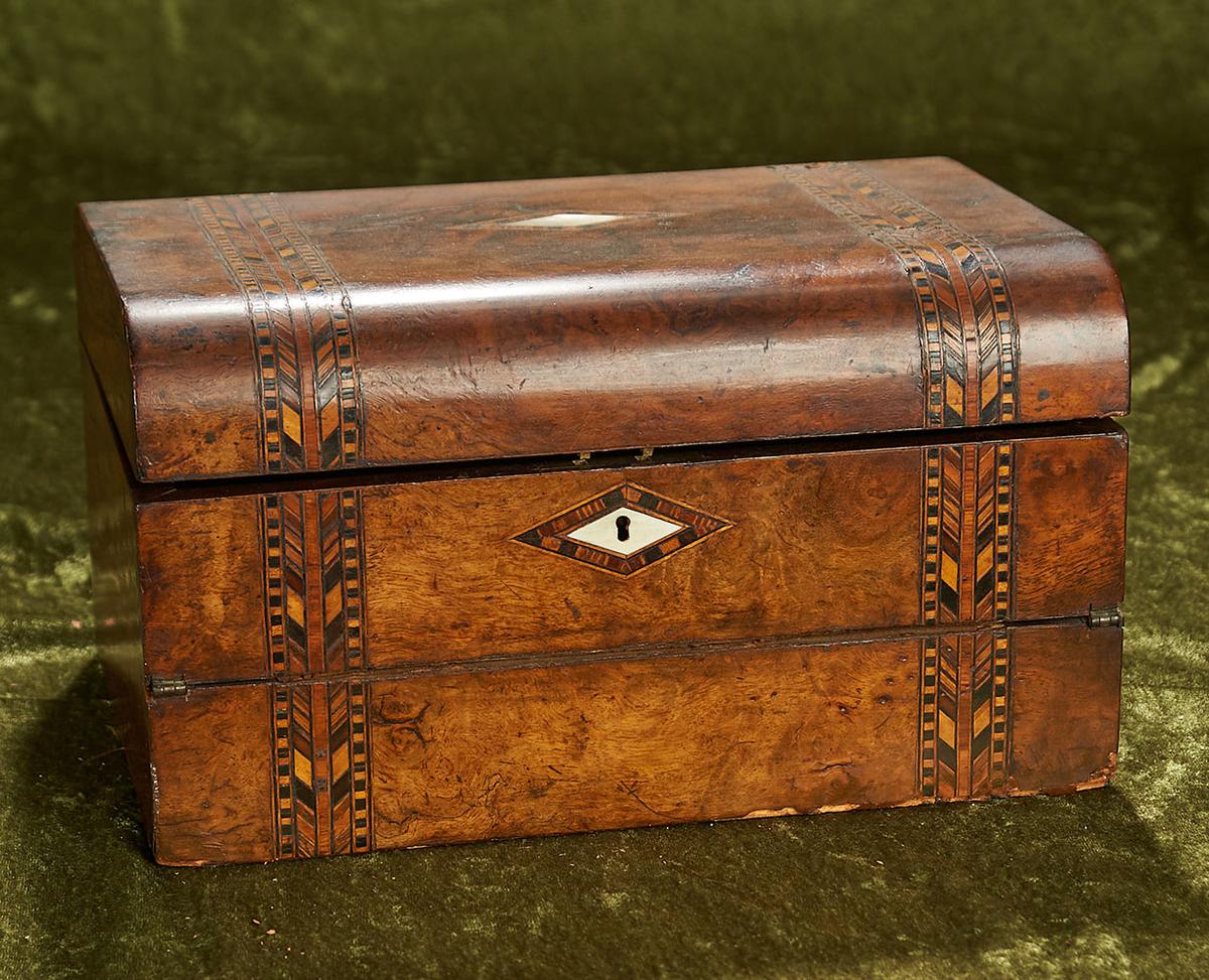 12"l. Victorian burled walnut writing box with velvet-lined interior and mother of pearl inlay