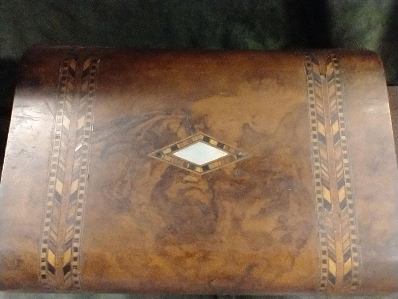 12"l. Victorian burled walnut writing box with velvet-lined interior and mother of pearl inlay