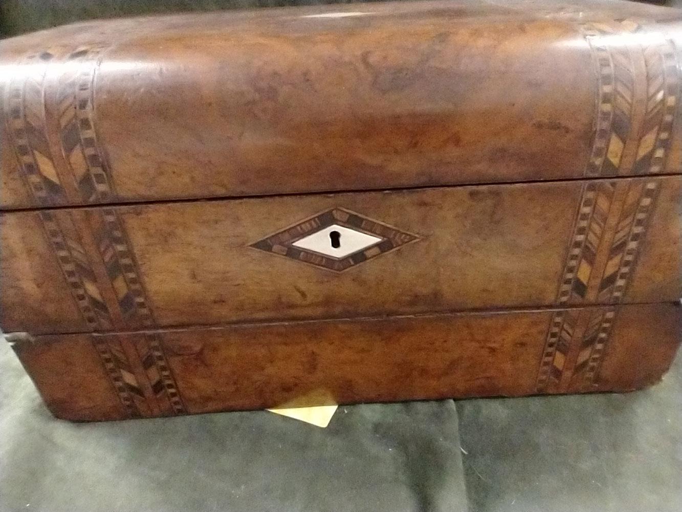 12"l. Victorian burled walnut writing box with velvet-lined interior and mother of pearl inlay