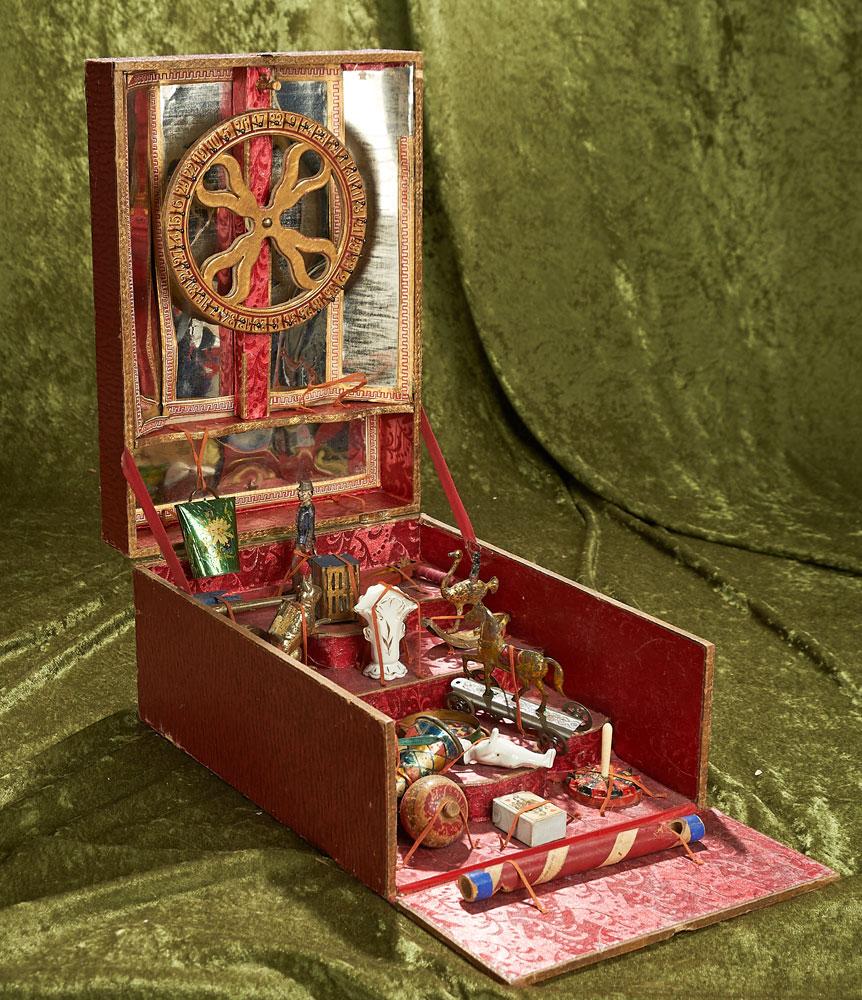 18"opened. French Parlor Toy "Loterie Parisienne" in Original Presentation Box. $700/900