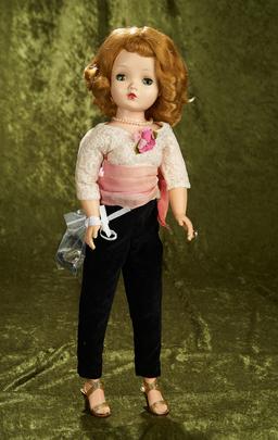 20" Cissy by Alexander in black velvet pants with lace blouse and accessories.