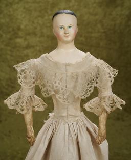 22" Early French paper mache lady doll by Voit with original costume