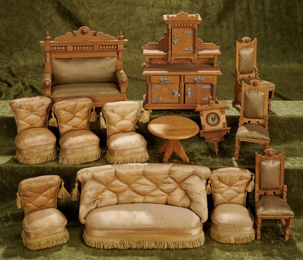 Lot, German Golden Oak Dollhouse Furnishings and Set of Silk Upholstered Parlor Furnishings