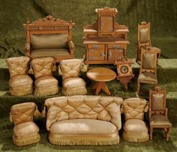 Lot, German Golden Oak Dollhouse Furnishings and Set of Silk Upholstered Parlor Furnishings