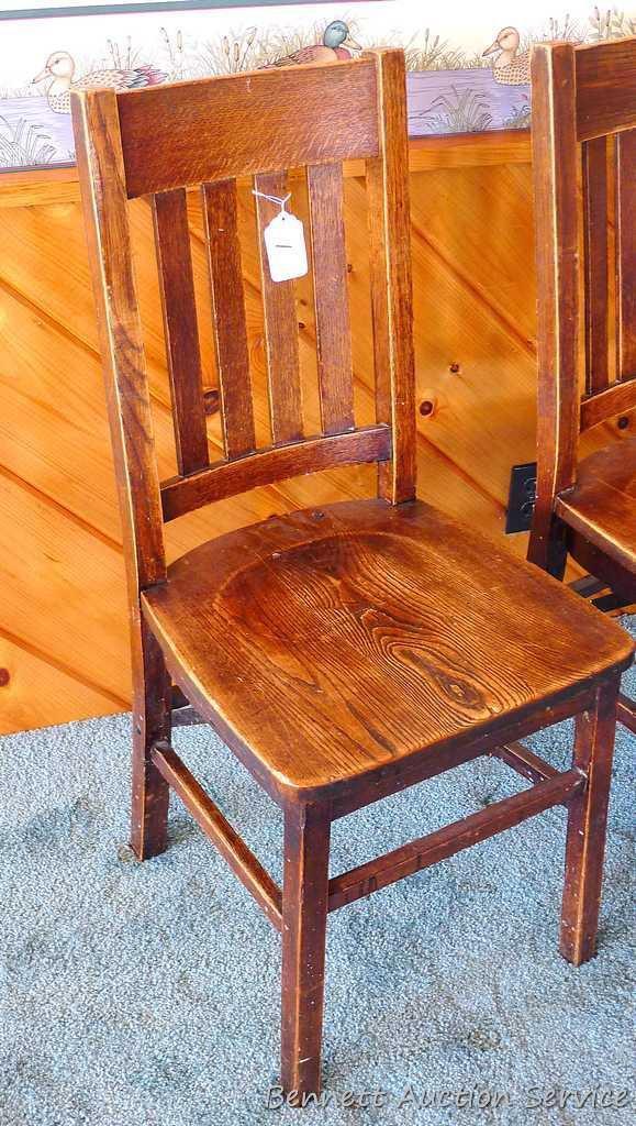 Three hardwood office chairs with iron braces are both sturdy and comfortable. Matches Lot #2 & 3.