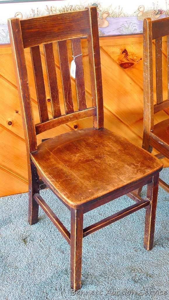 Three hardwood office chairs with iron braces are both sturdy and comfortable. Matches Lot #2 & 3.