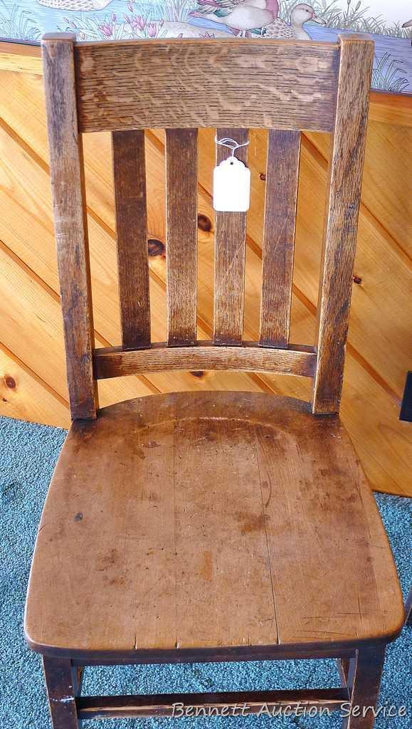 Three hardwood office chairs with iron braces are both sturdy and comfortable. Matches Lot #2 & 3.